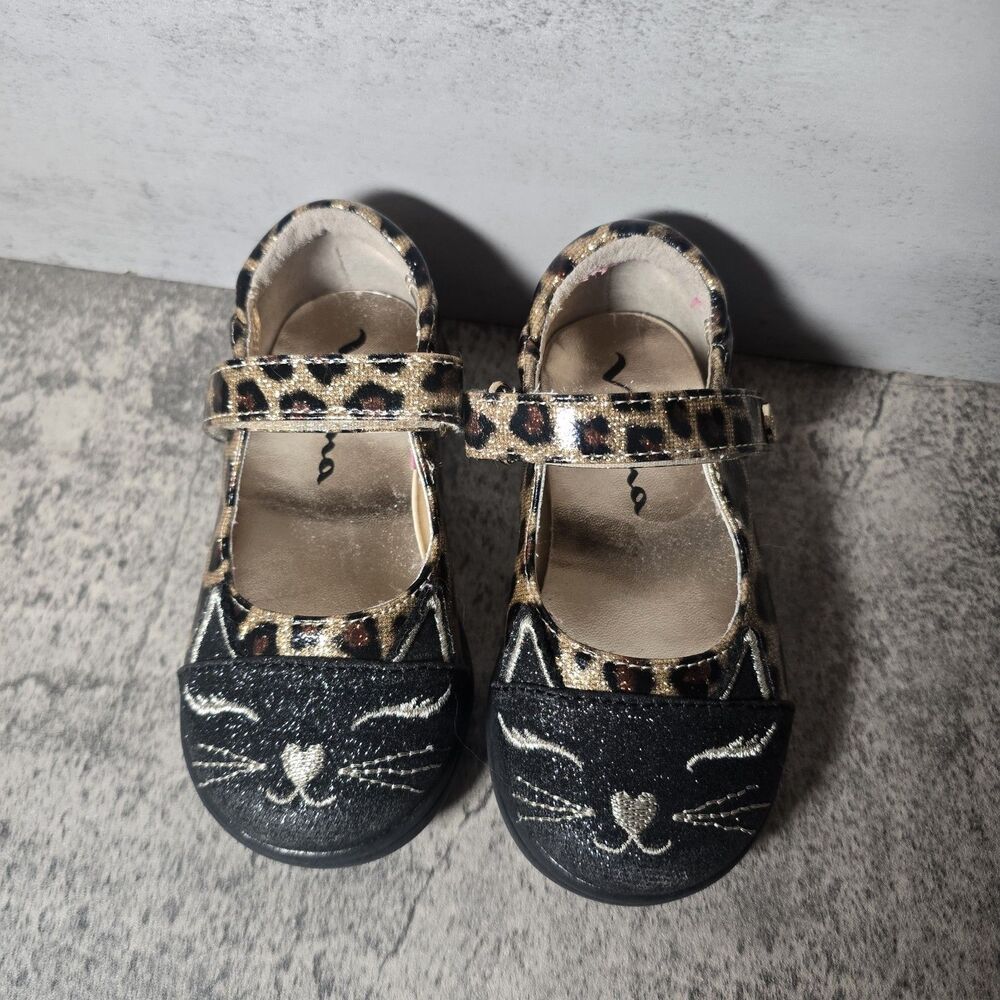 Nina Leopard Kitty Maryjanes Glitter Black Cat Faces Sz 6 Toddler Girls Strap